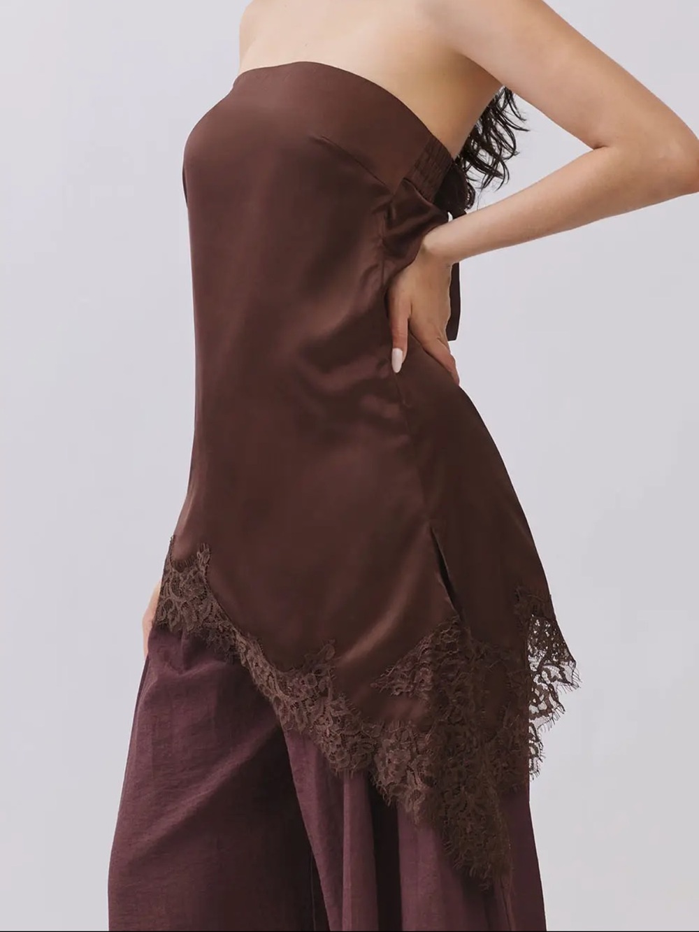 Strapless Satin Slip Dress with Lace Trim - Brown
